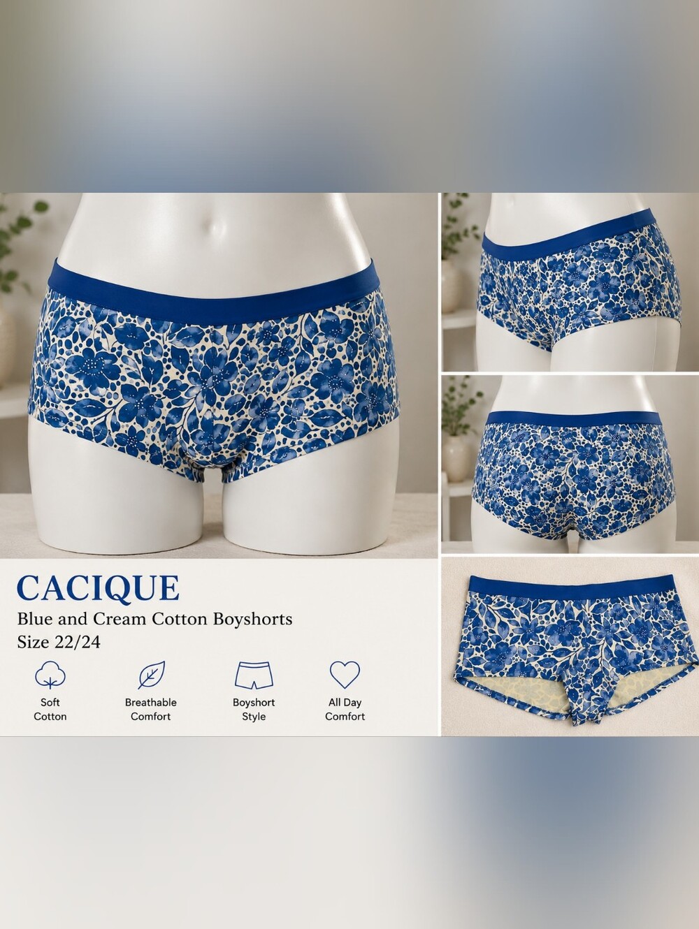 Cacique Blue and Cream Cotton Boyshorts, Size 22/24